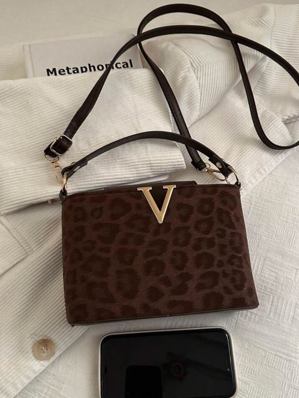 Brown Leopard Print Crossbody Bag with Gold V Accent